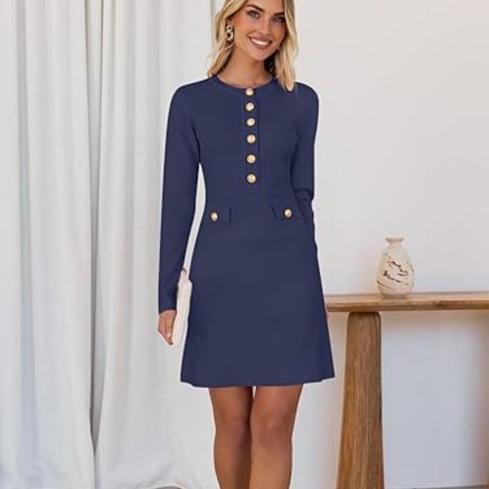MEROKEETY Ladies Sweater Bodycon Mini Dress with Gold Button Detail, size Large-